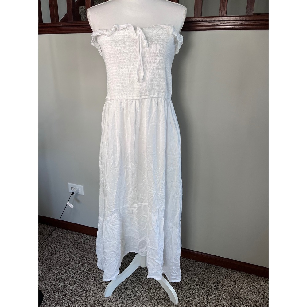 Hollister White Swiss Dot Smocked Midi Dress Strapless Pockets NWT Large